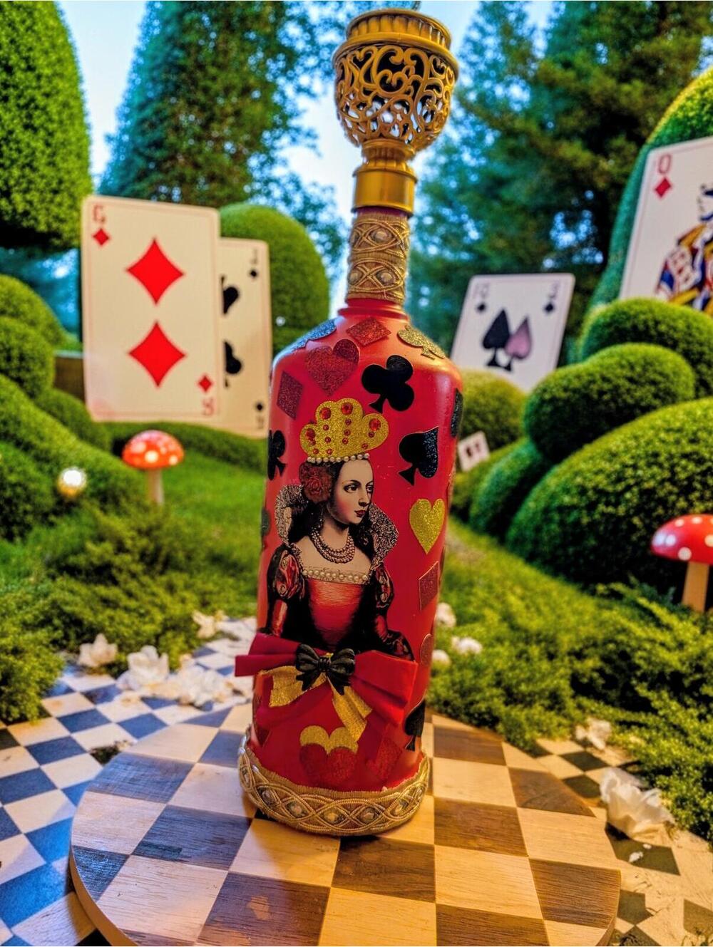 OOAK Upcycled Bottle Art Alice in Wonderland Queen of Hearts Home Decor